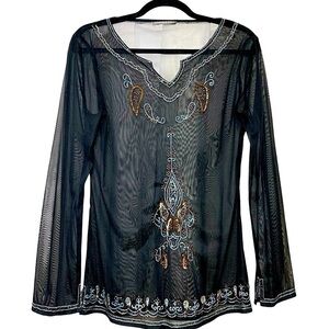 VTG Sheer Mesh Top Black Embroidered Shirt Long Sleeve Sz S Beaded Boho Y2K Goth